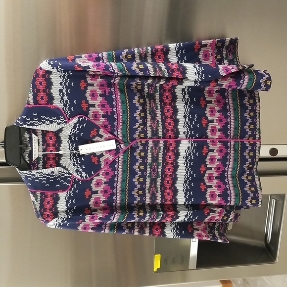 💕TRINA TURK💕 Ira 3 100% Silk Pajama Style Top ~ Fairisle Print Large L NWT - Picture 9 of 16
